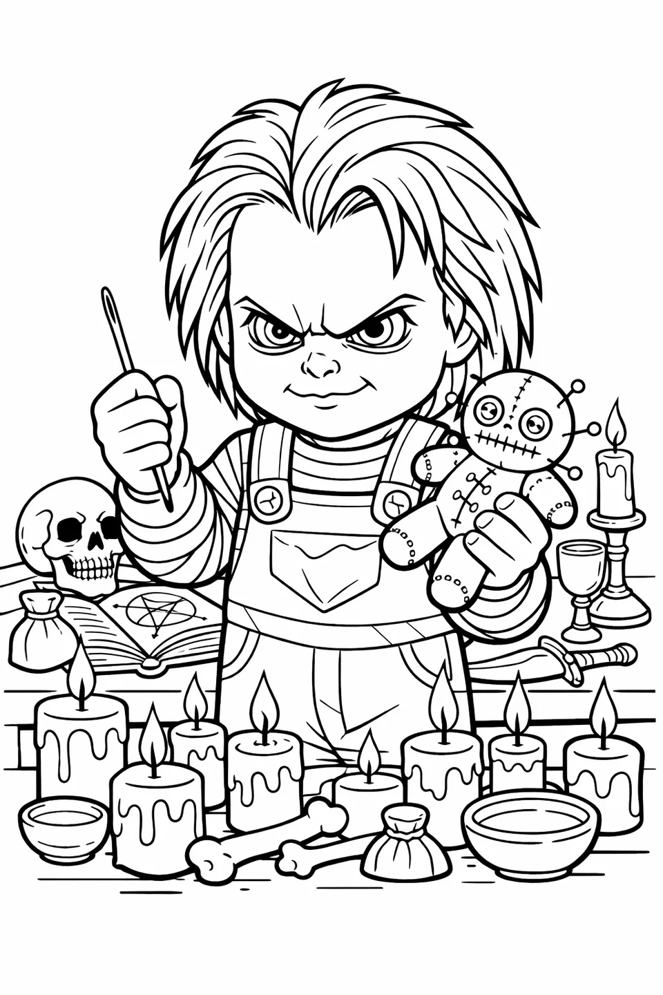 Outline drawing of Chucky holding a voodoo doll and needle in front of a table covered in candles and ritual objects