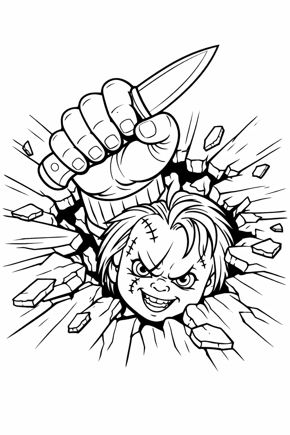 Outline drawing of a small doll hand bursting through cracked floorboards from below, gripping a knife, seen from above