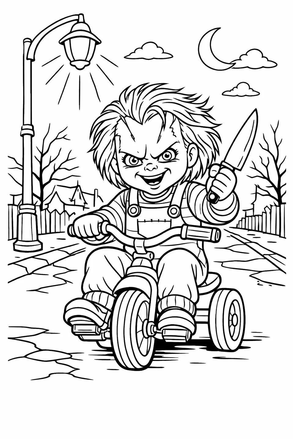 Outline drawing of Chucky riding a tricycle on a dark street with a knife raised in one hand and a streetlamp glowing overhead