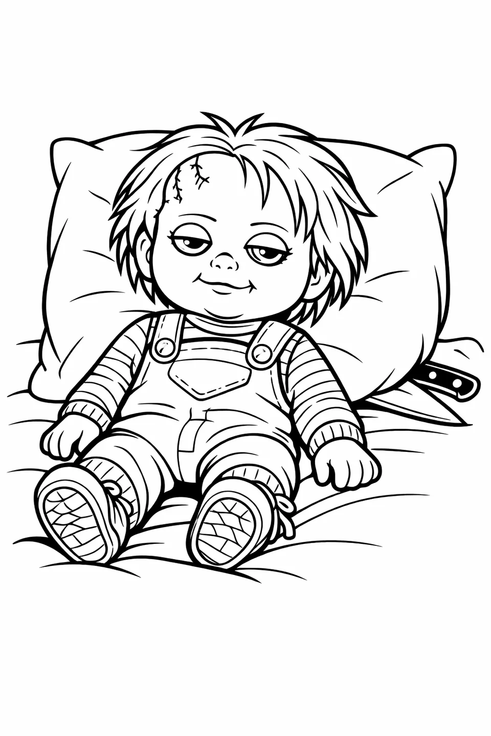 Outline drawing of Chucky propped on a bed pillow with arms limp and eyes half-open, a knife tip visible peeking from under the pillow