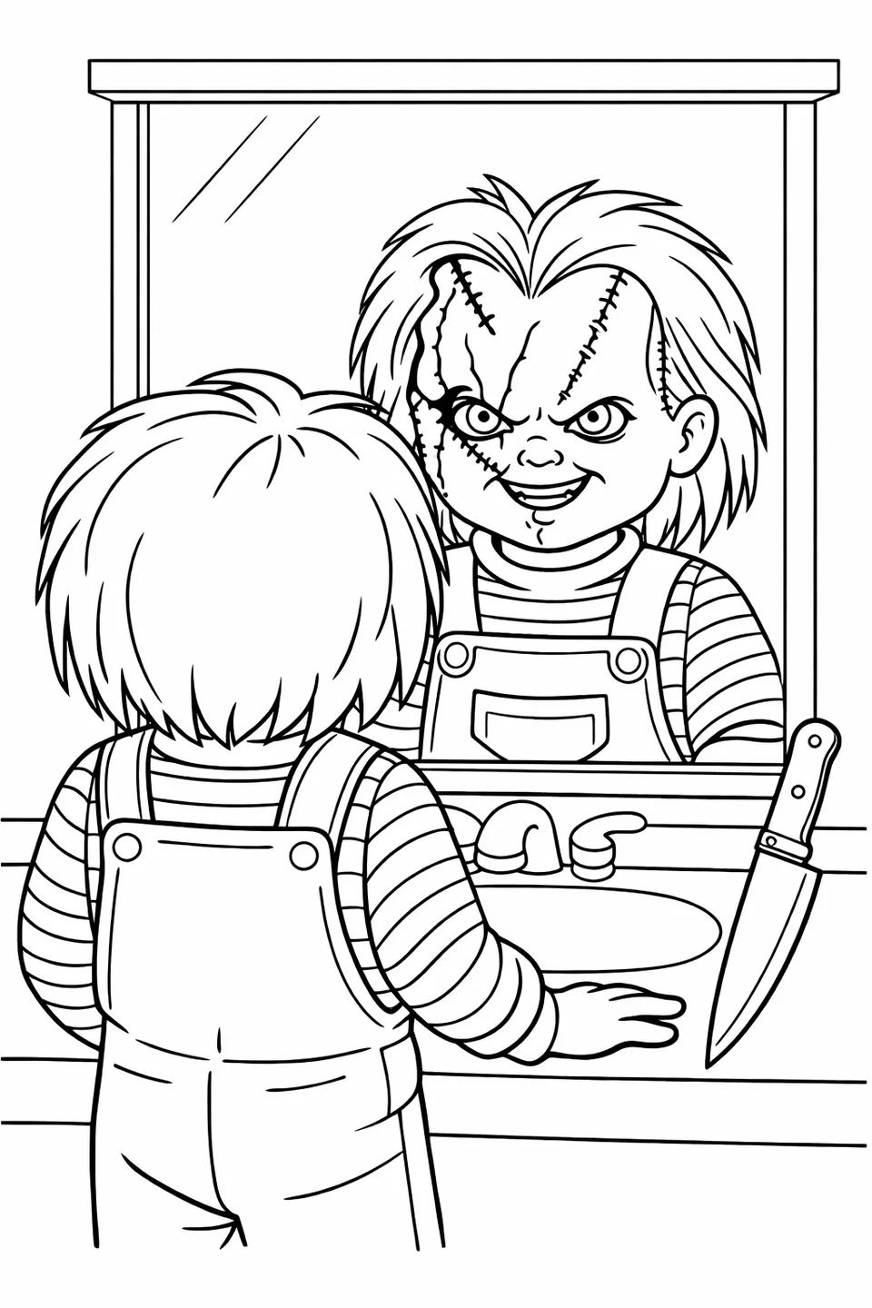 Outline drawing of Chucky at a bathroom sink looking at his reflection in a mirror, with a knife leaning against the basin