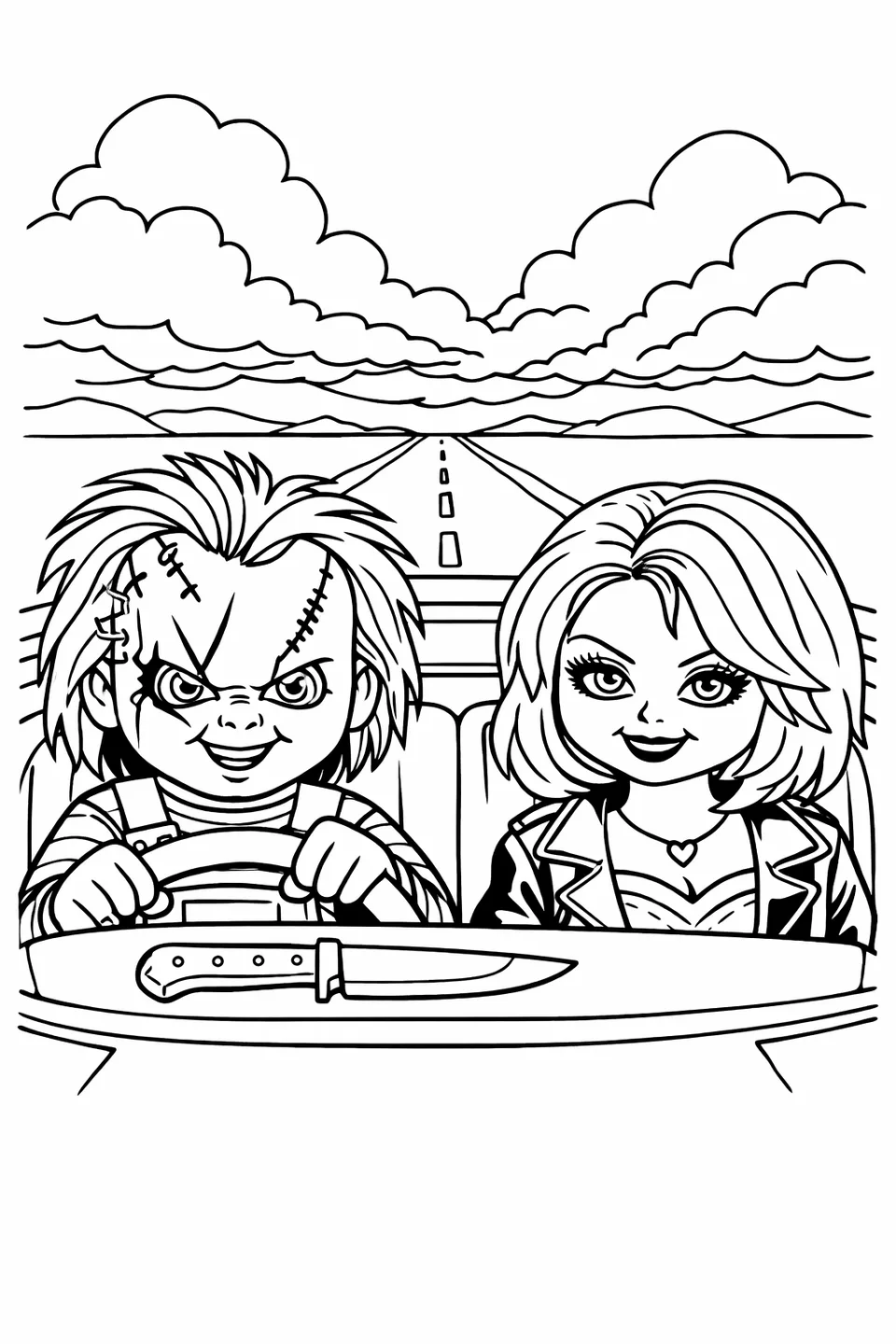 Outline drawing of Chucky behind the wheel of a convertible and Tiffany in the passenger seat, with a knife on the dashboard and dark clouds ahead