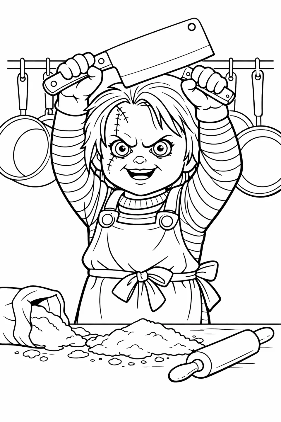Outline drawing of Chucky holding a cleaver in a kitchen, wearing an apron over overalls, with pots hanging behind him and flour spilled on the counter