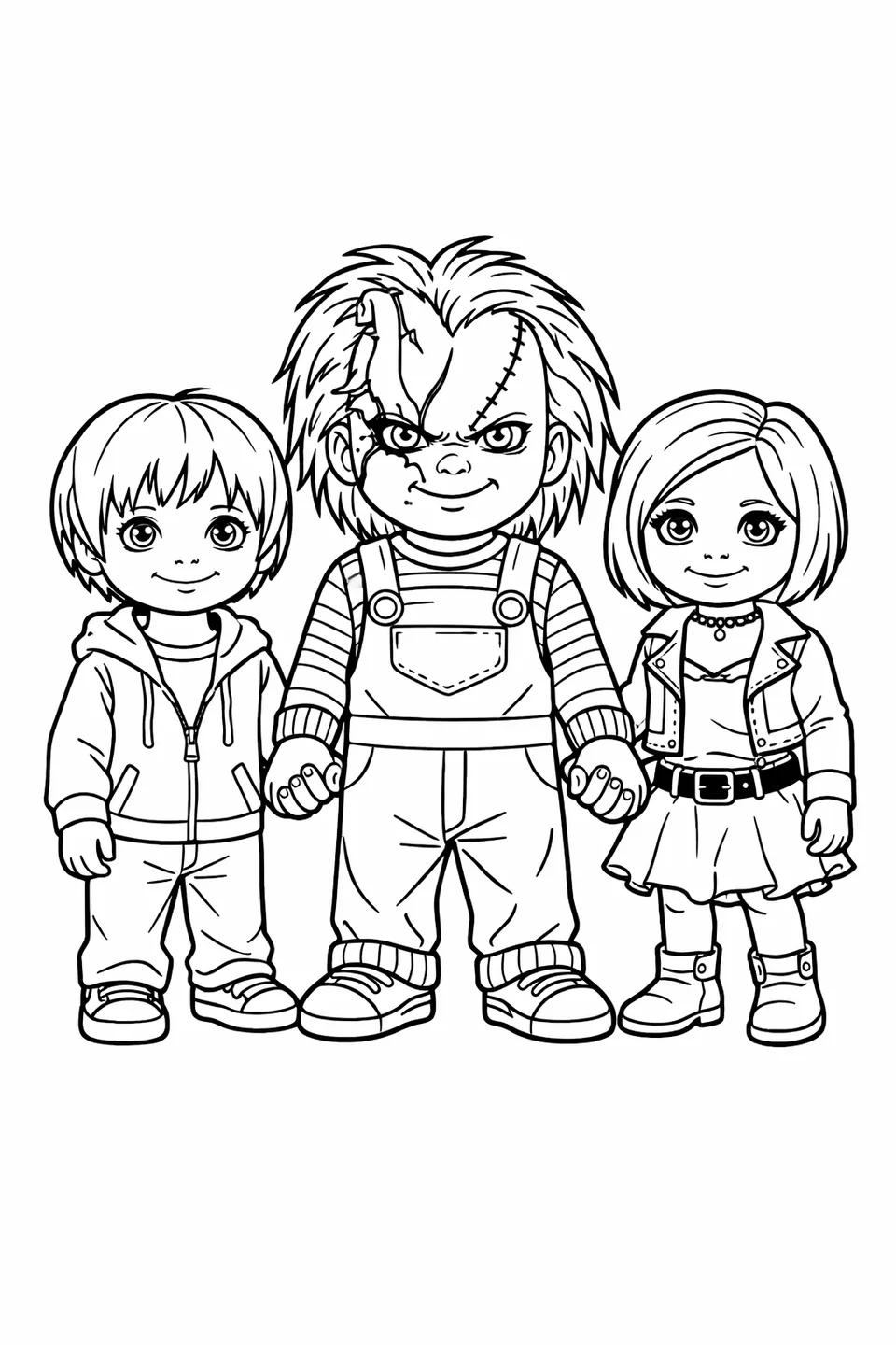 Outline drawing of Chucky holding hands with Glen and Glenda dolls in a family portrait pose, all three facing forward