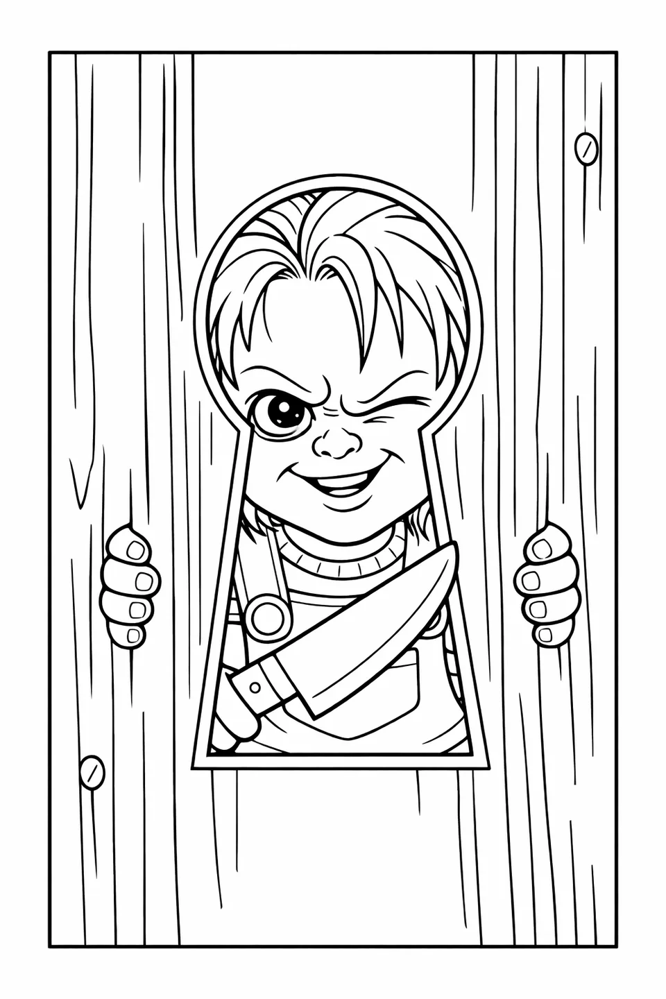 Outline drawing of Chucky peering through a keyhole in a wooden door, gripping the frame with both hands and a knife tucked under his arm