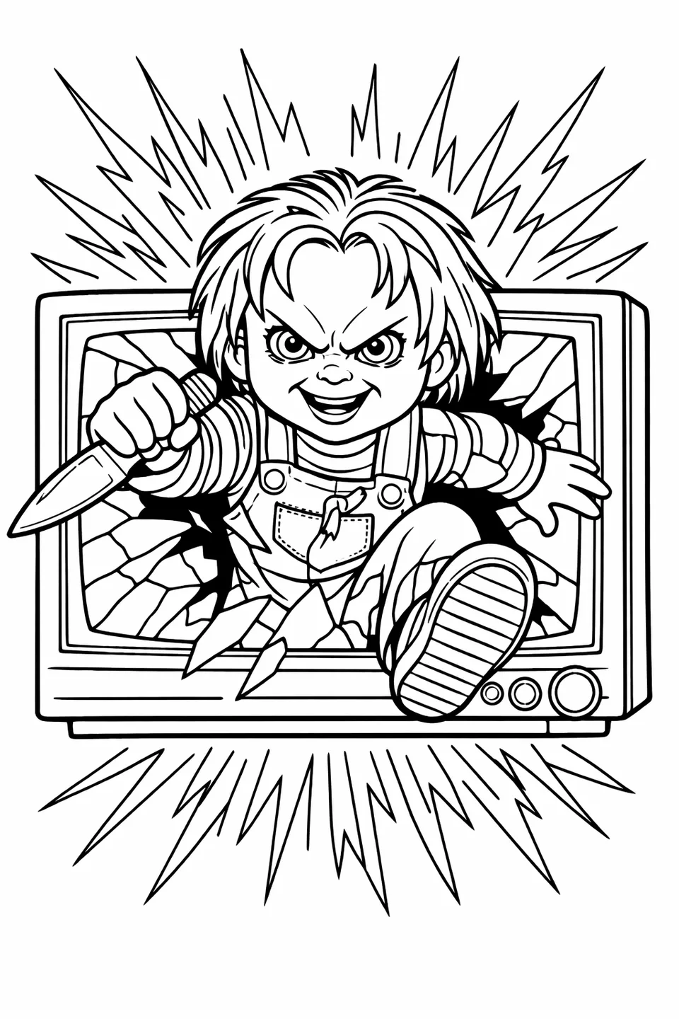 Outline drawing of Chucky breaking through a television screen with a knife outstretched, cracks and static lines spreading from the impact