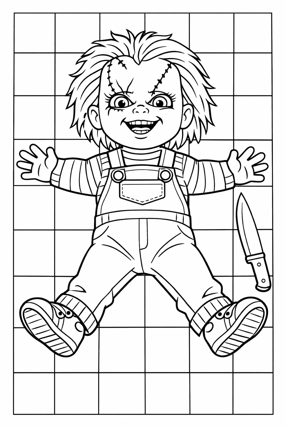 Overhead outline drawing of Chucky lying spread-eagle on a checkered floor, grinning upward with a knife resting beside his right hand