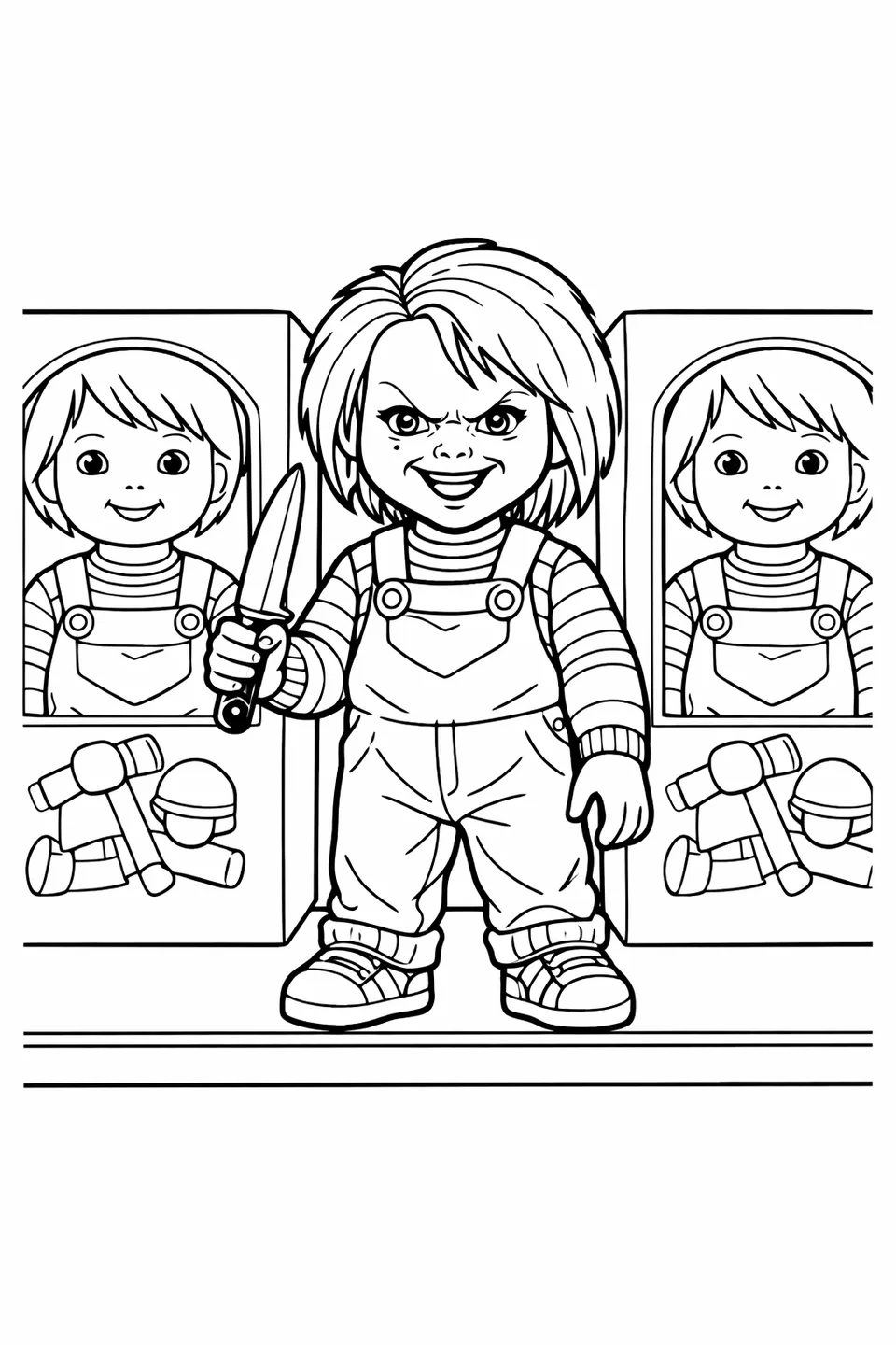 Outline drawing of Chucky standing among rows of boxed Good Guy dolls on a store shelf, holding a knife and grinning while others have blank expressions
