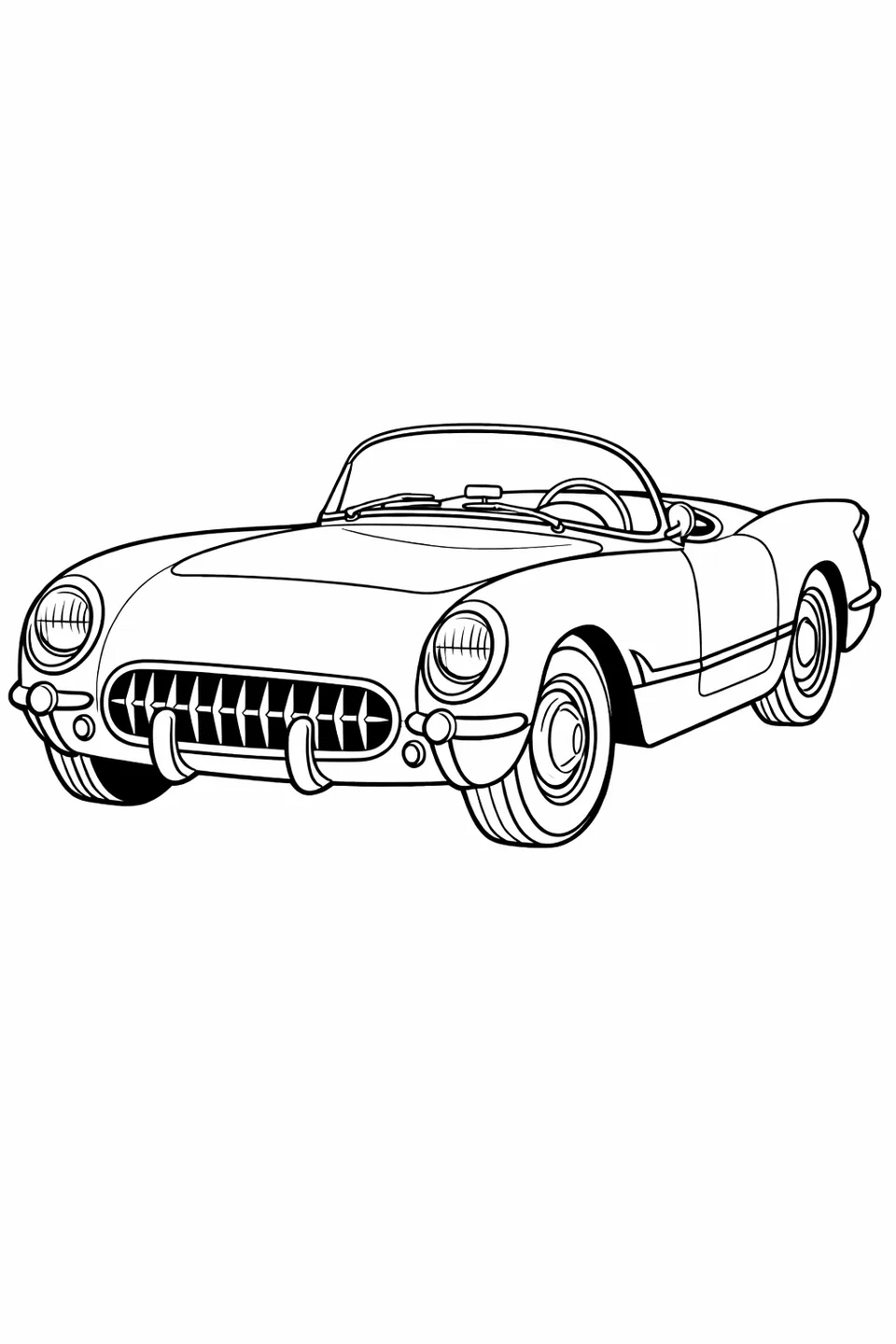 Line drawing of a 1953 Chevrolet Corvette C1 roadster at a three-quarter front angle with rounded fenders and chrome bumper