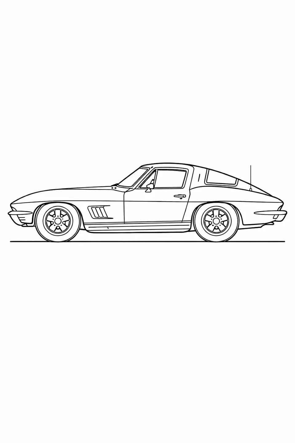 Side profile line drawing of a 1963 Corvette Sting Ray C2 split-window coupe with a long hood and fastback roofline