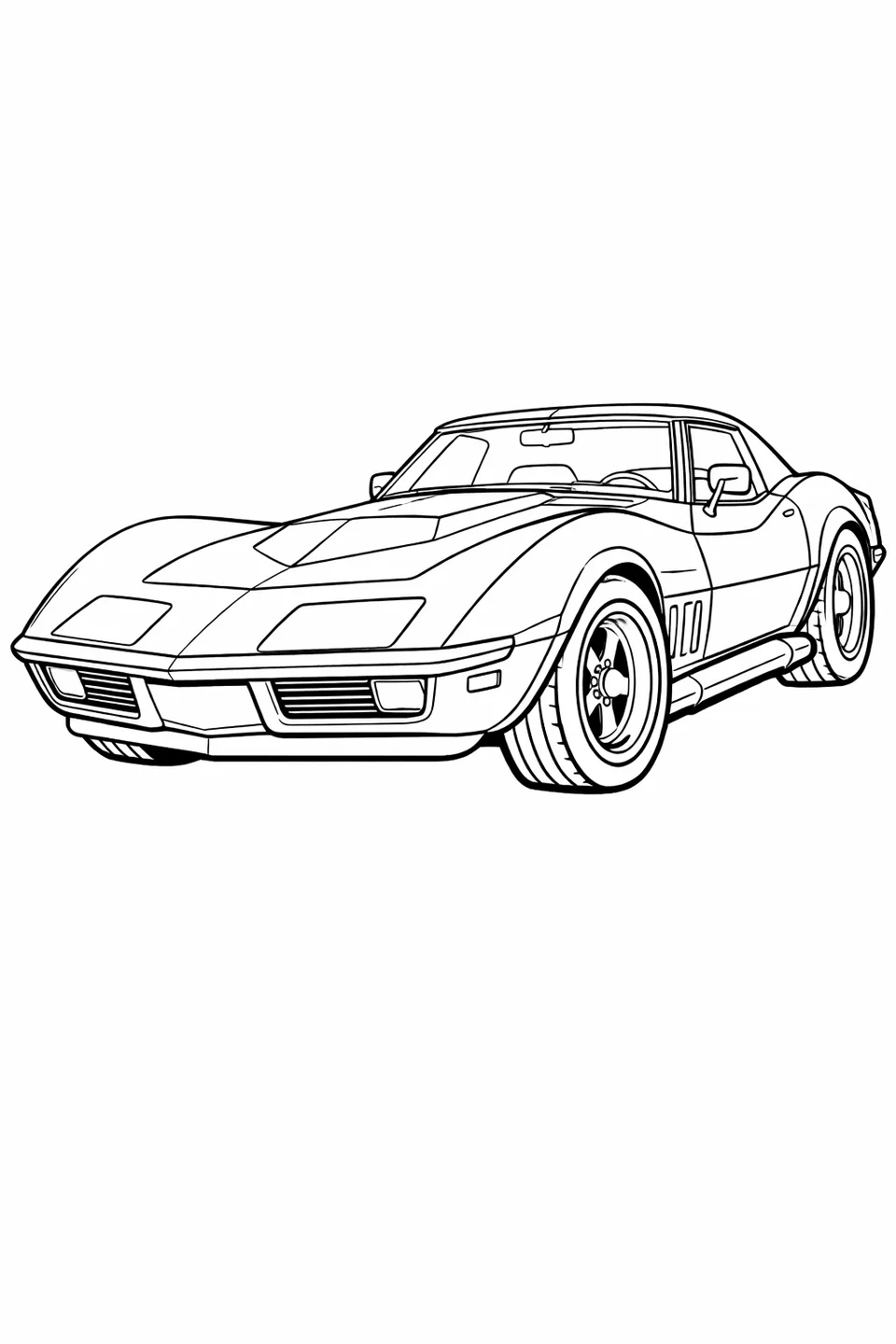 Low three-quarter front view line drawing of a 1969 Corvette Stingray C3 with wide fenders and closed hidden headlights