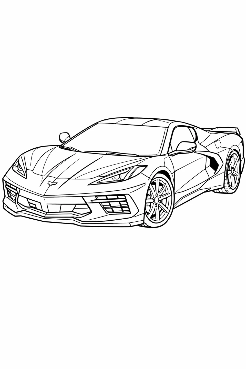 Three-quarter front view line drawing of a 2020 Chevrolet Corvette C8 Stingray with angular headlights and hood vents