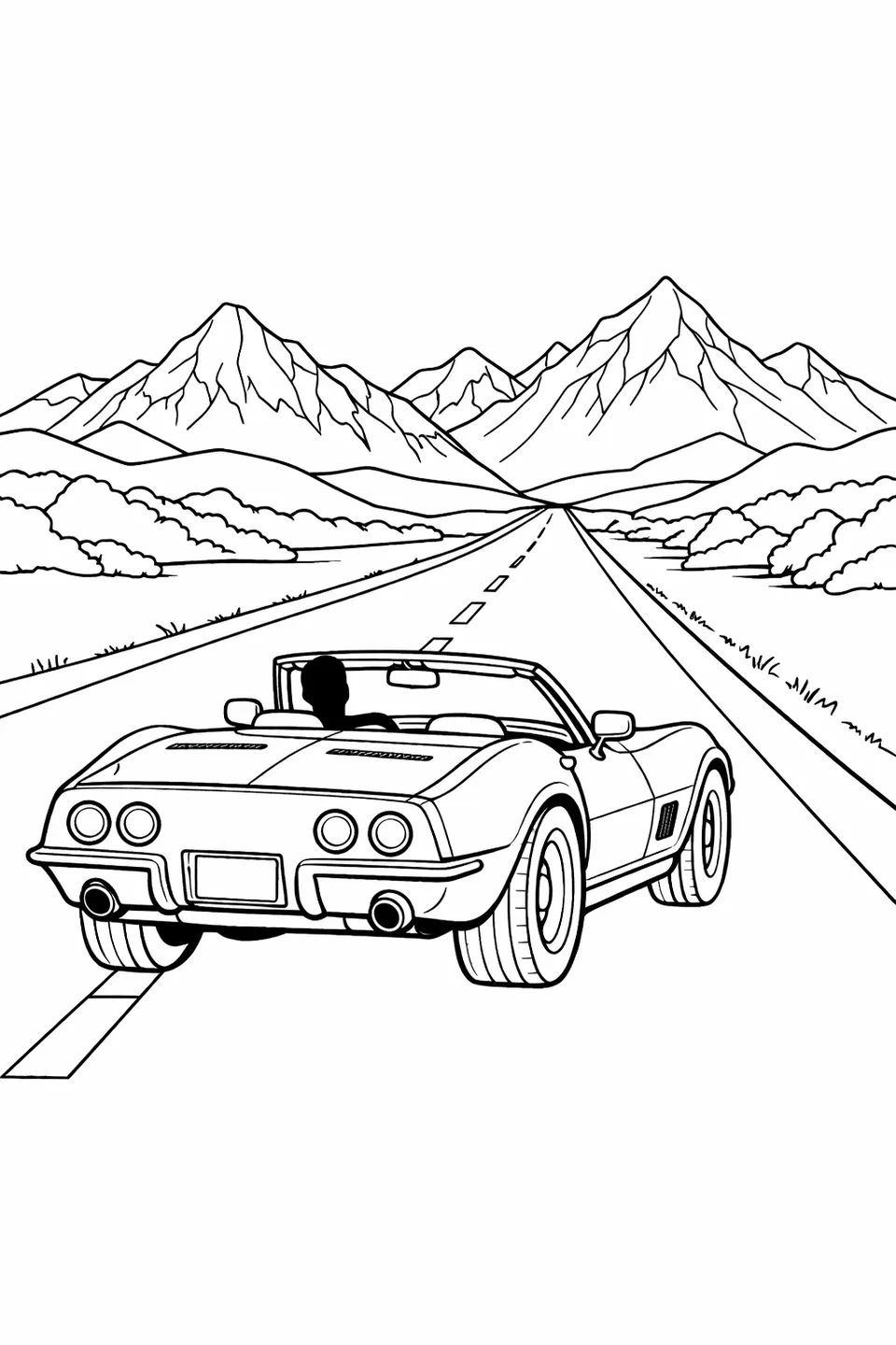 Corvette C3 convertible driving on an open highway with mountains in the background and the top down
