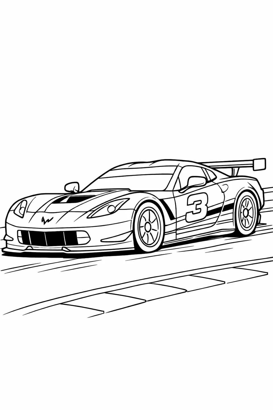 Race-prepared Corvette with number 3 on the door rounding a corner on a closed circuit with a front splitter and side stripes