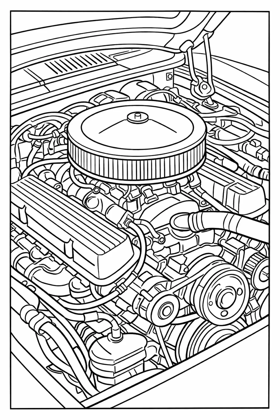 Close-up view of a Corvette V8 engine with open hood showing intake manifold, valve covers with lettering, and air filter