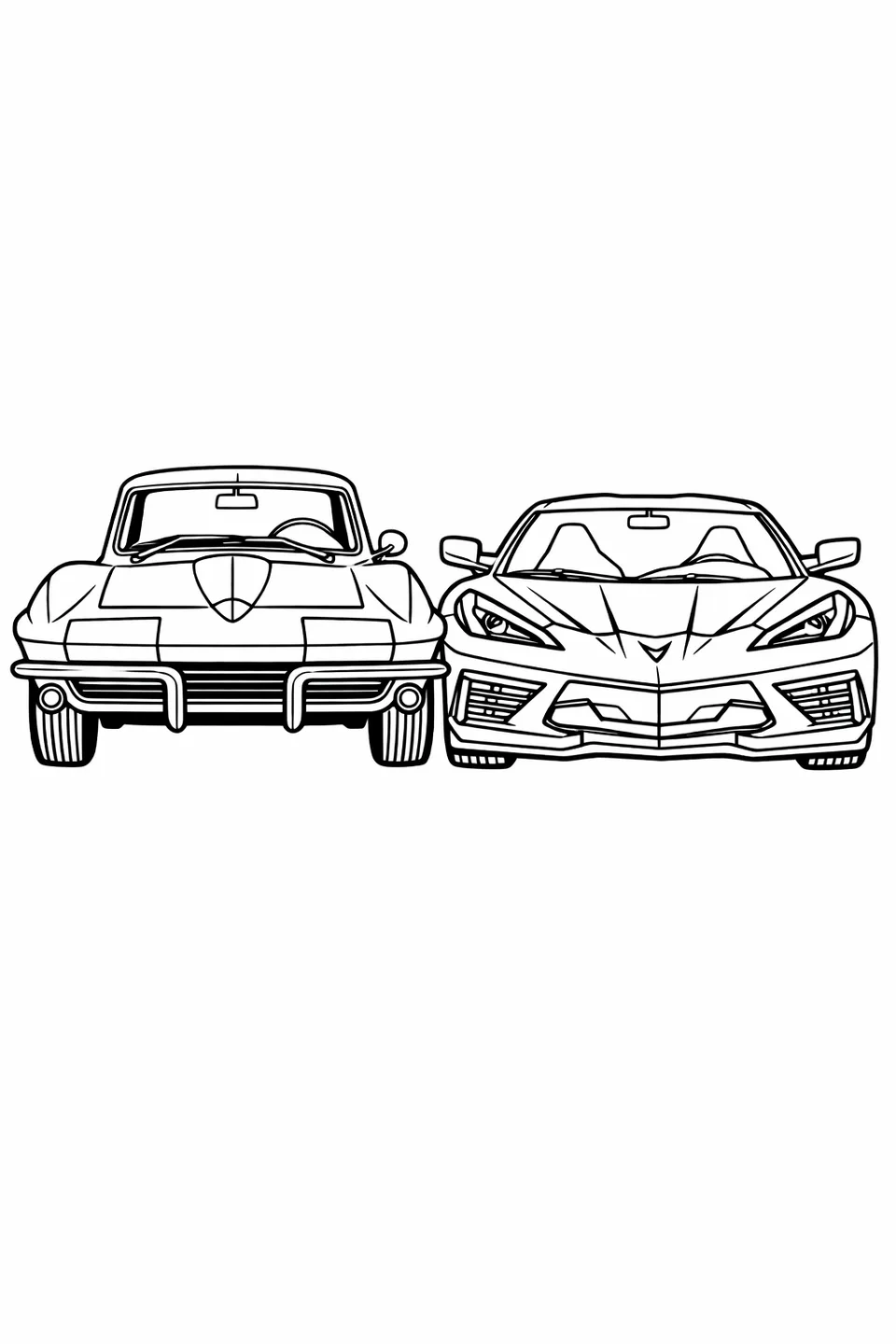 A classic Corvette C2 coupe and a modern Corvette C8 coupe parked side by side facing forward inside a showroom