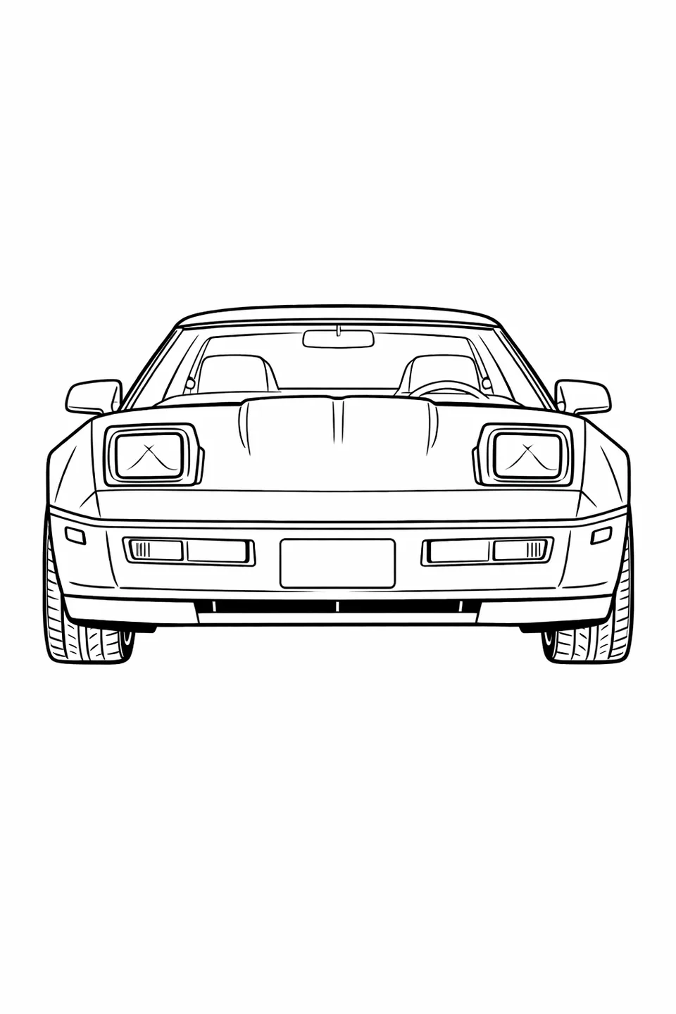 Front-facing line drawing of a Corvette C4 coupe with pop-up headlights raised and a flat nose panel