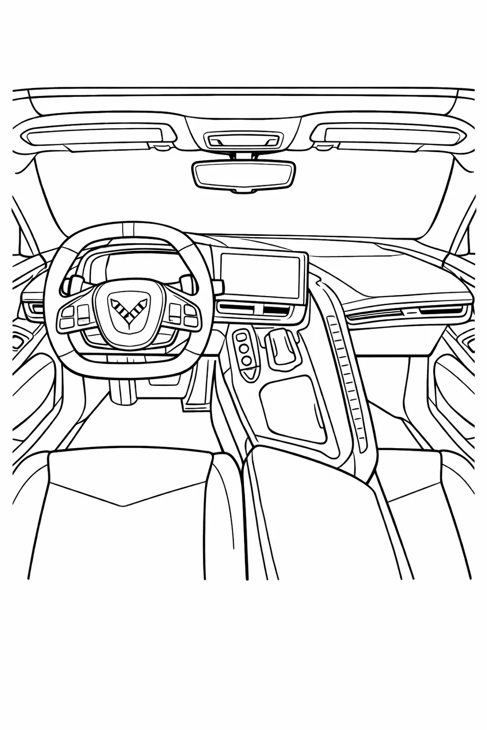 Interior line drawing of a Corvette C8 Stingray from the driver seat showing dual screens, steering wheel, and center console