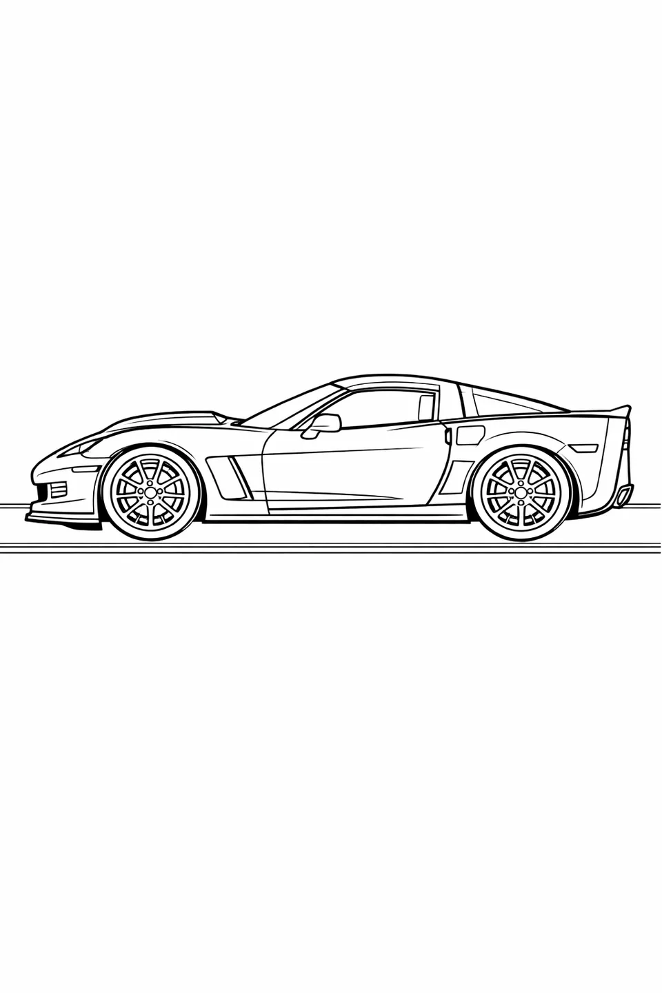 Side profile line drawing of a Corvette C6 ZR1 on a road with a prominent supercharger hood bulge and low front splitter