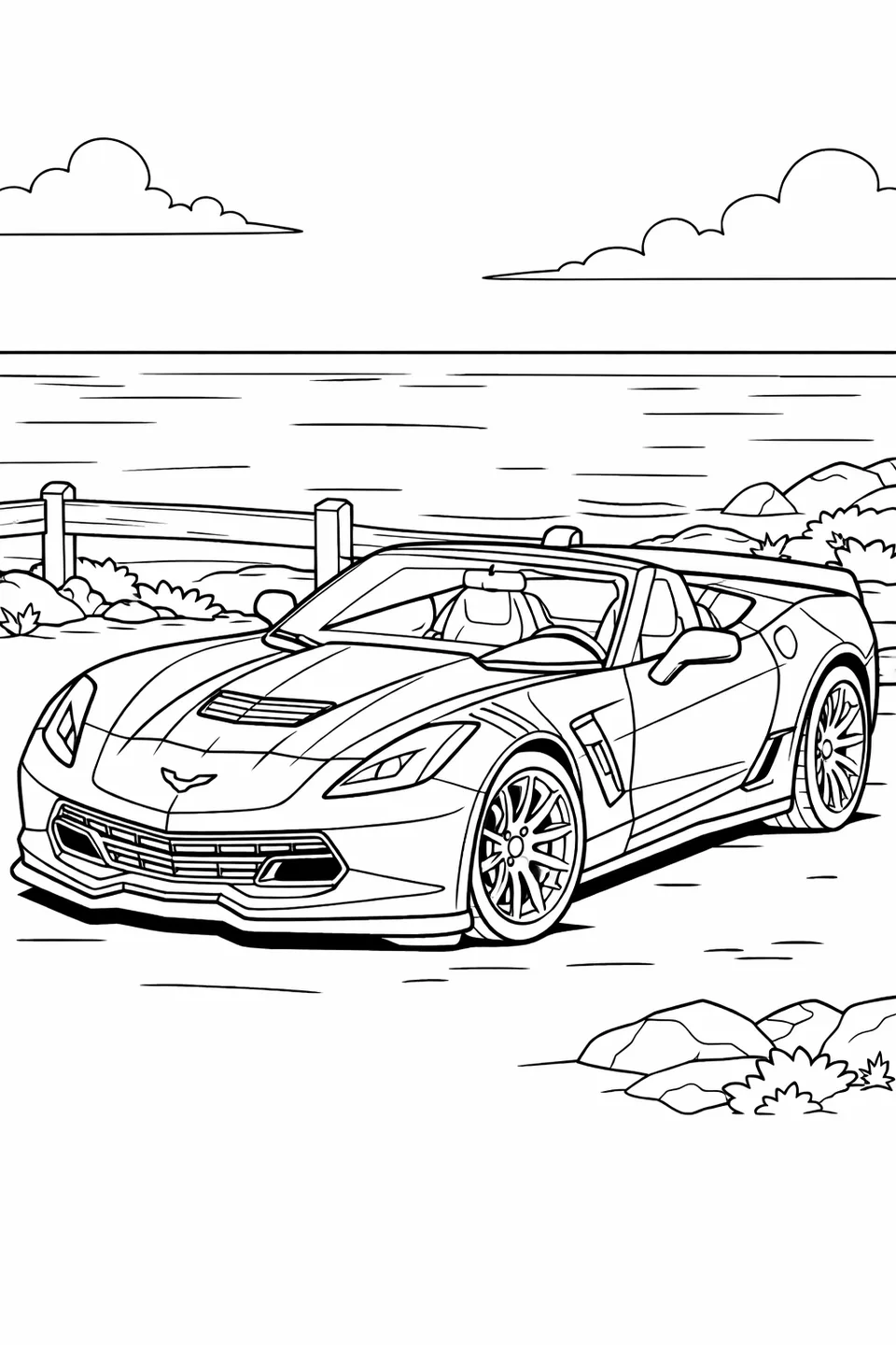 Corvette C7 Grand Sport convertible with top down parked at a seaside overlook with wide fender flares and ocean in the background