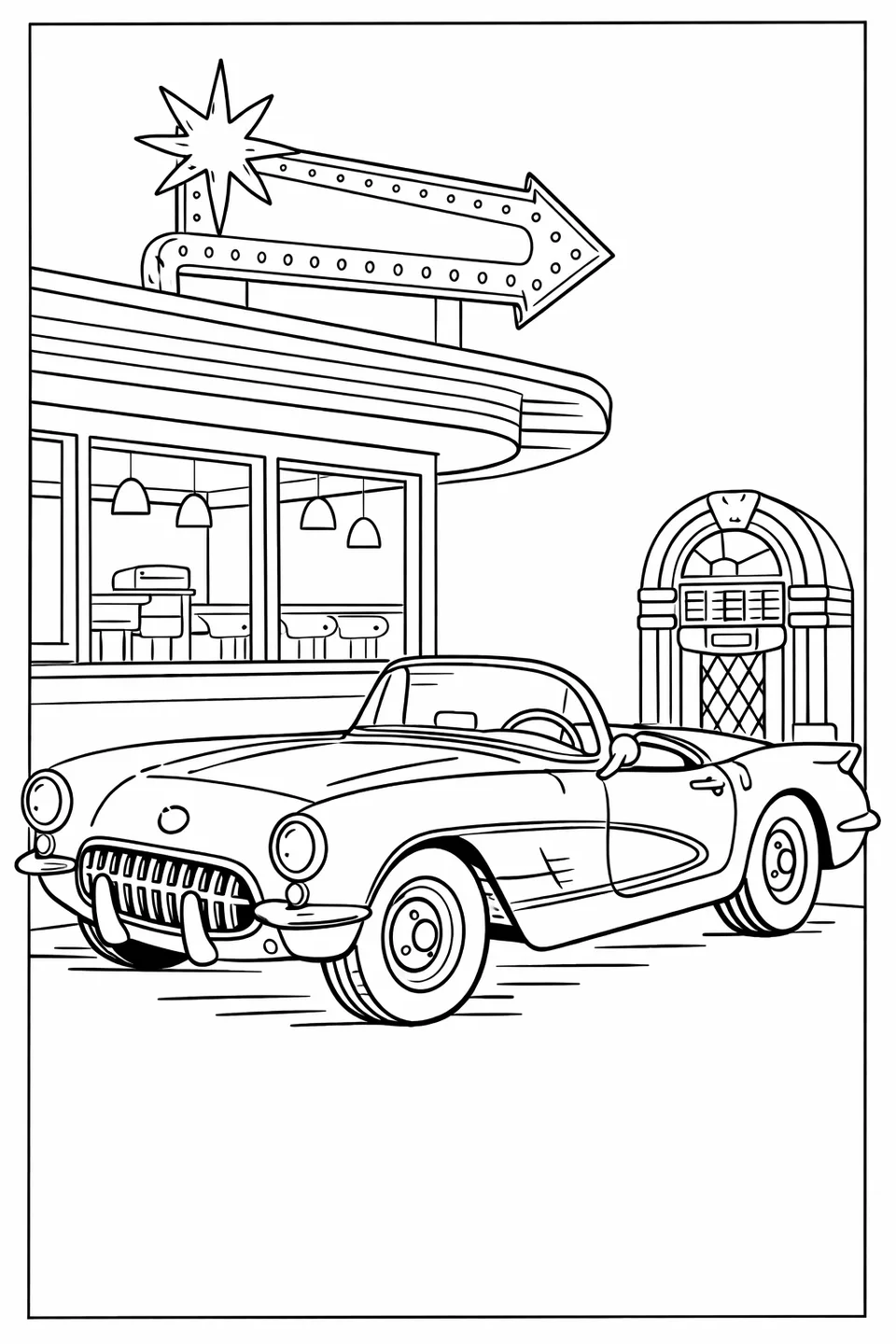 1957 Corvette C1 roadster with chrome side coves parked outside a classic diner with a jukebox visible in the background