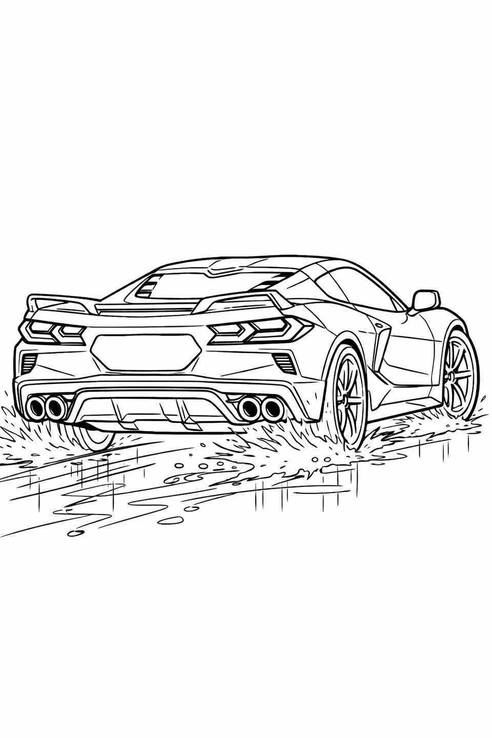 Three-quarter rear view of a Corvette C8 E-Ray on a wet road with spray from the tires and quad taillights visible