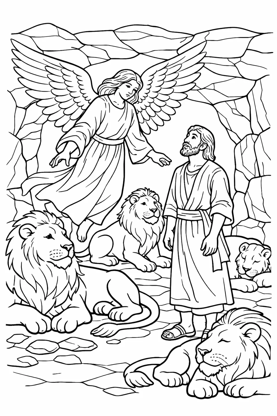 Winged angel hovering inside a stone den with hand extended toward a lion while a man stands below looking up