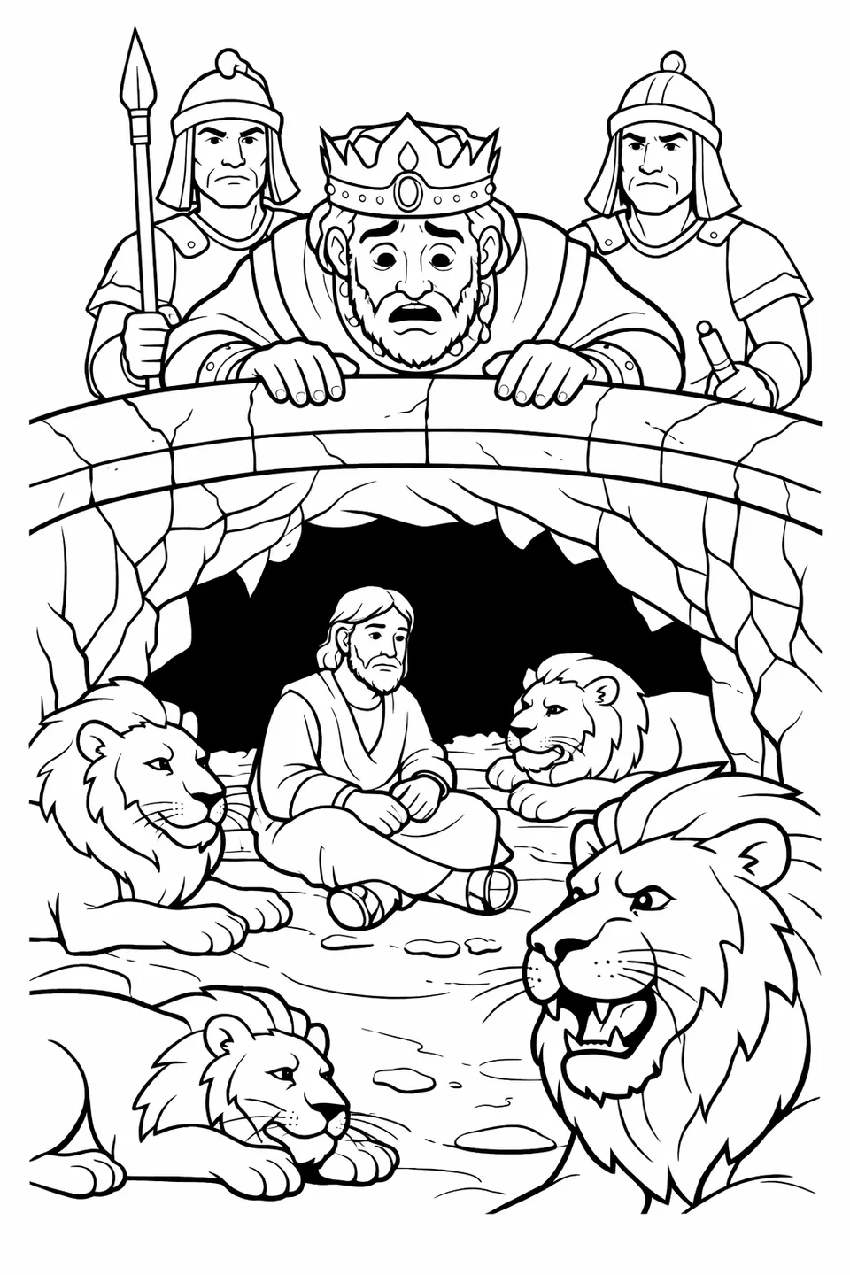 A king in robes leaning over the circular stone opening of a pit with guards standing behind him