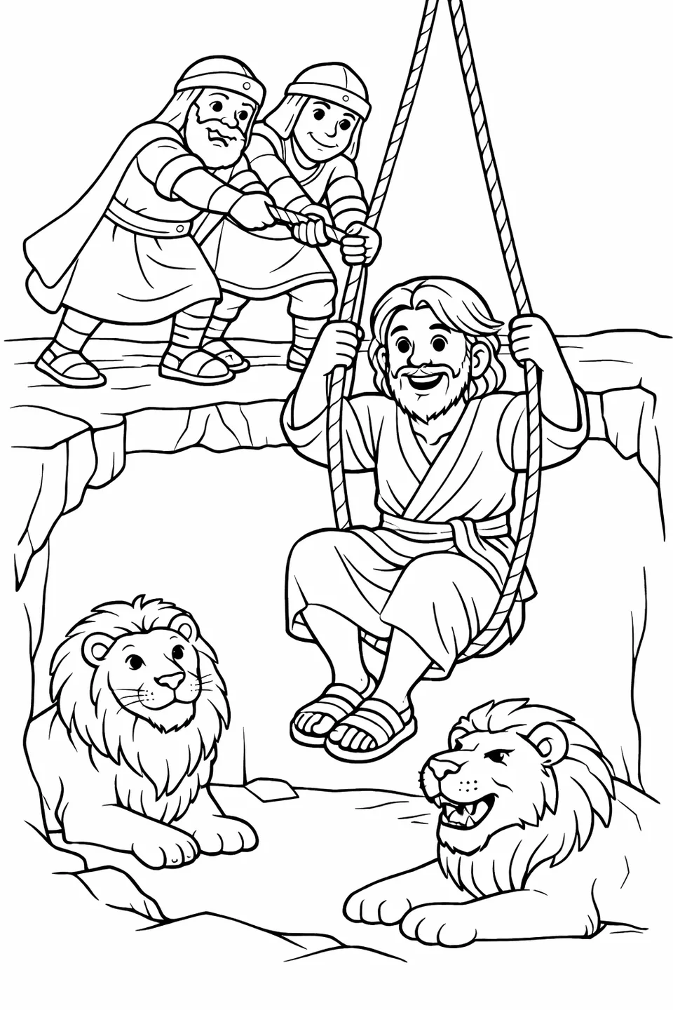 Man being pulled up by ropes from a stone pit by a king and soldiers while lions remain in the pit below