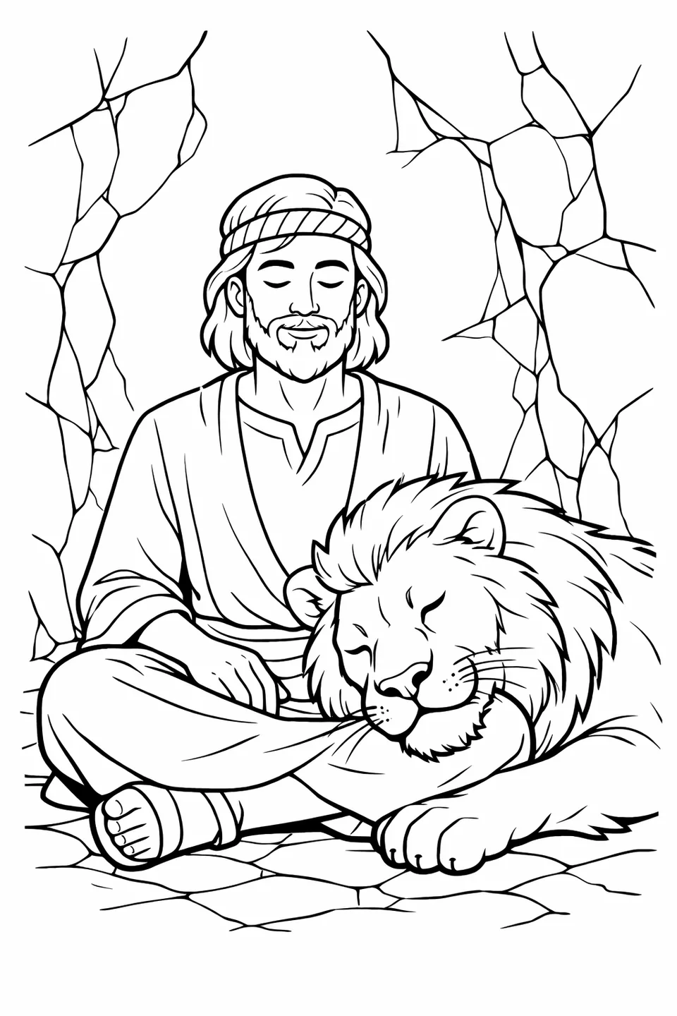 Man sitting cross-legged on a stone floor with a large lion resting beside him, stone walls surrounding them