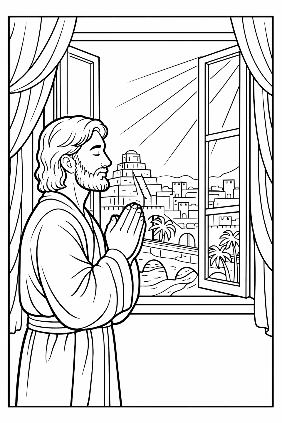 Man praying at a tall open window with a city visible in the background and curtains blowing in the wind