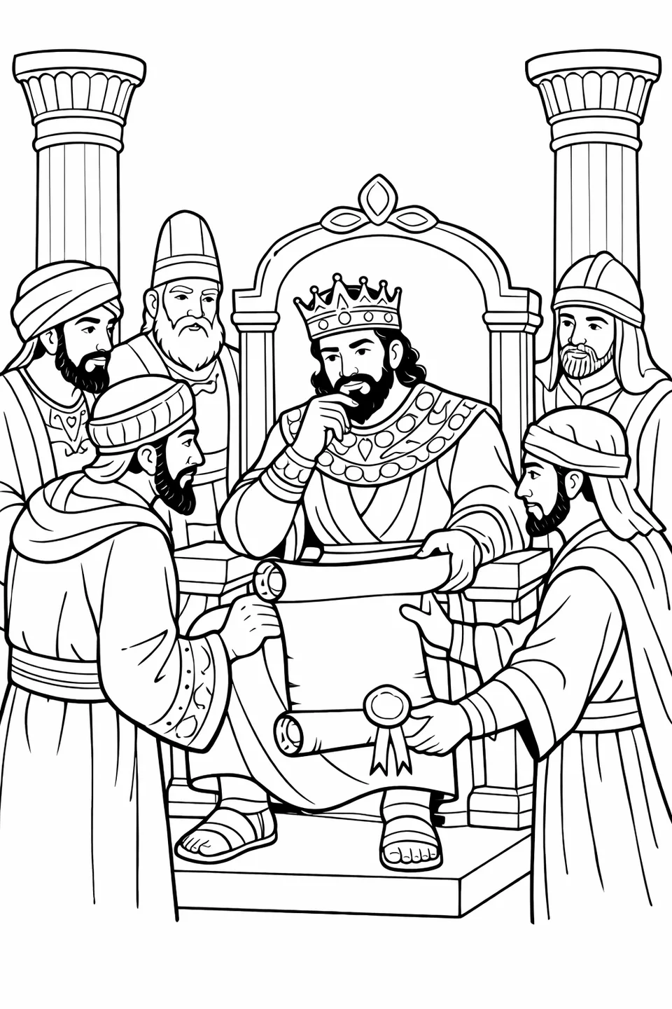 A group of robed officials presenting a sealed scroll to a king seated on a decorated throne with columns behind them