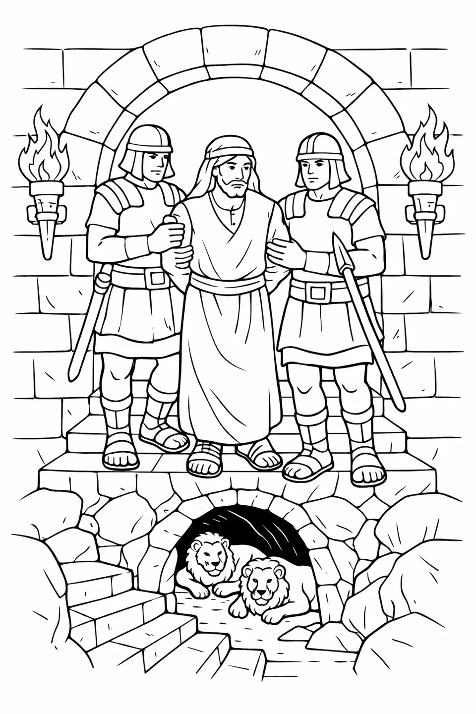 Two guards escorting a man through a stone archway with torches on the walls and steps descending below