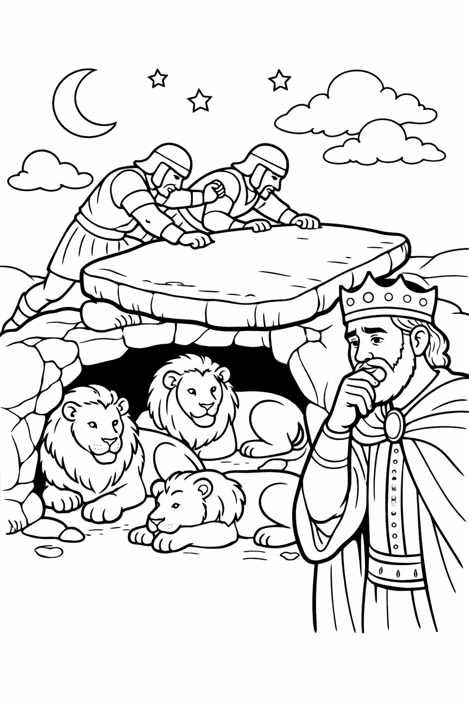 Soldiers pushing a large flat stone over a pit entrance while a king watches with a sad expression at dusk