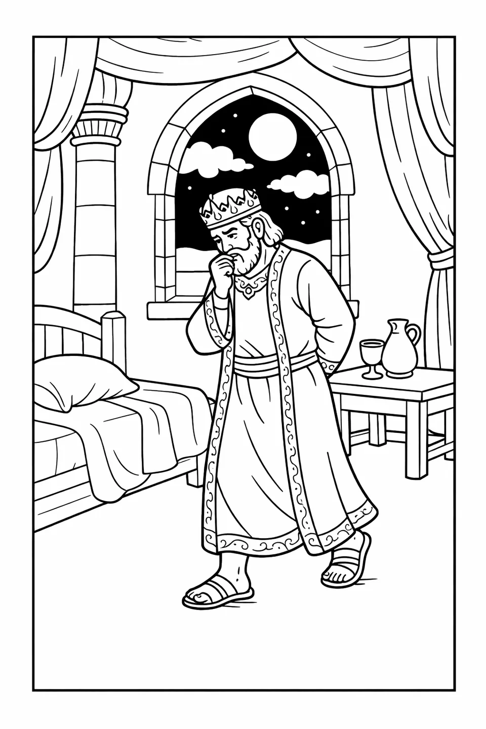 A king pacing alone in a moonlit palace chamber at night with an untouched bed and an arched window behind him
