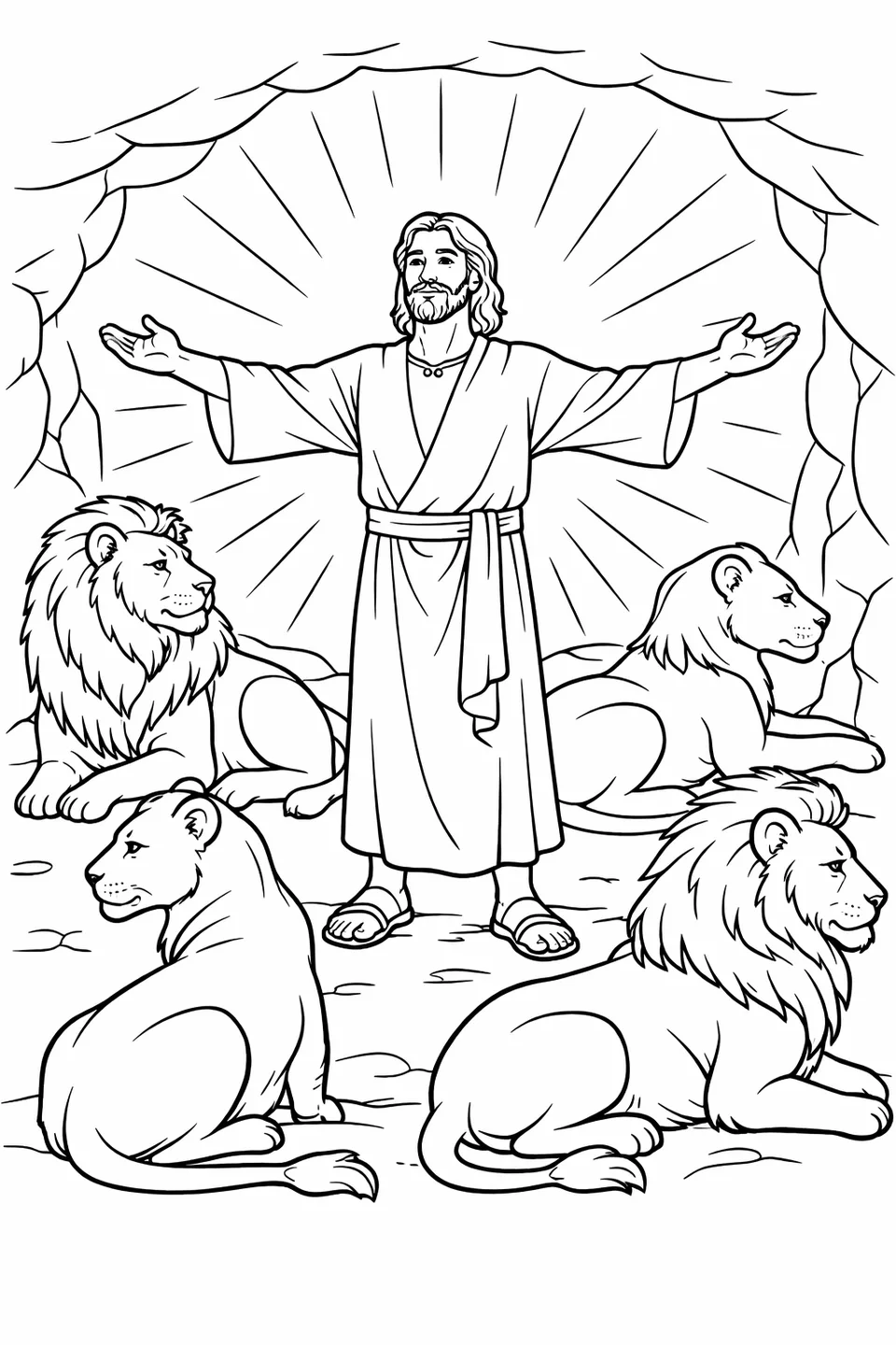 Man standing with arms outstretched in a stone pit with four lions seated around him in a circle