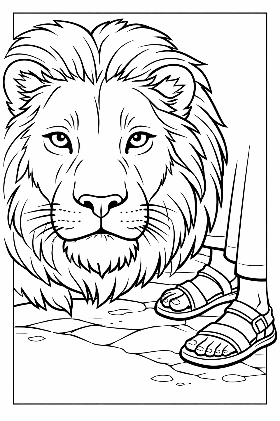 Close view of a lion with a closed mouth and calm eyes with a pair of sandaled feet visible at the edge of the frame