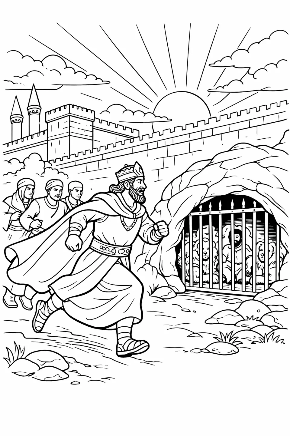 A king running toward a stone pit entrance in the early morning with attendants following and a sunrise sky above