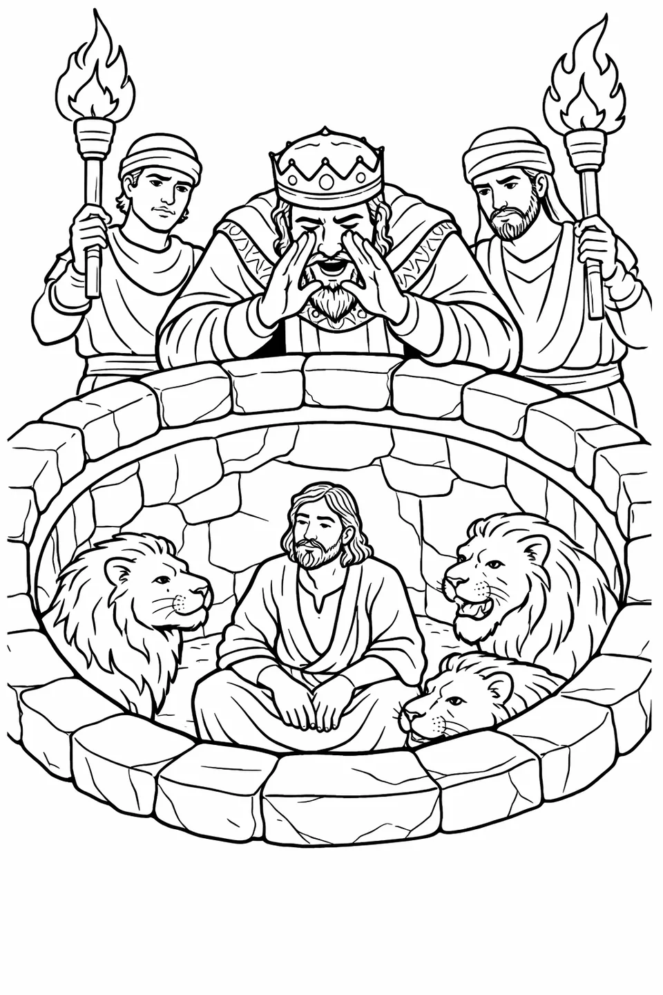 A king kneeling at the edge of a stone pit calling downward with cupped hands while two attendants hold torches beside him