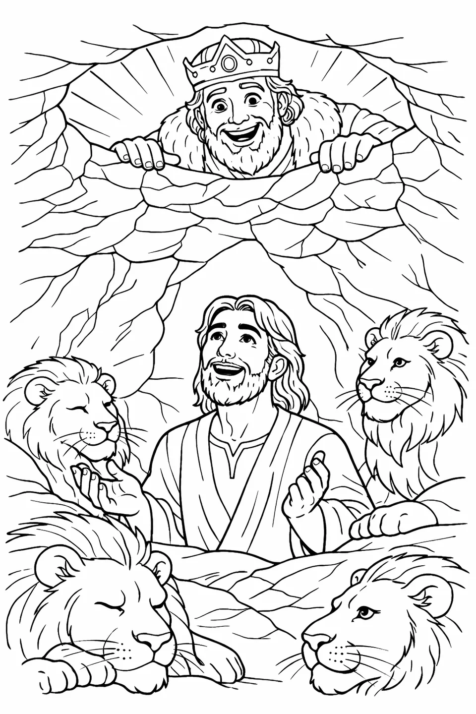 A man's face looking upward from inside a stone pit toward another figure peering down from the bright opening above