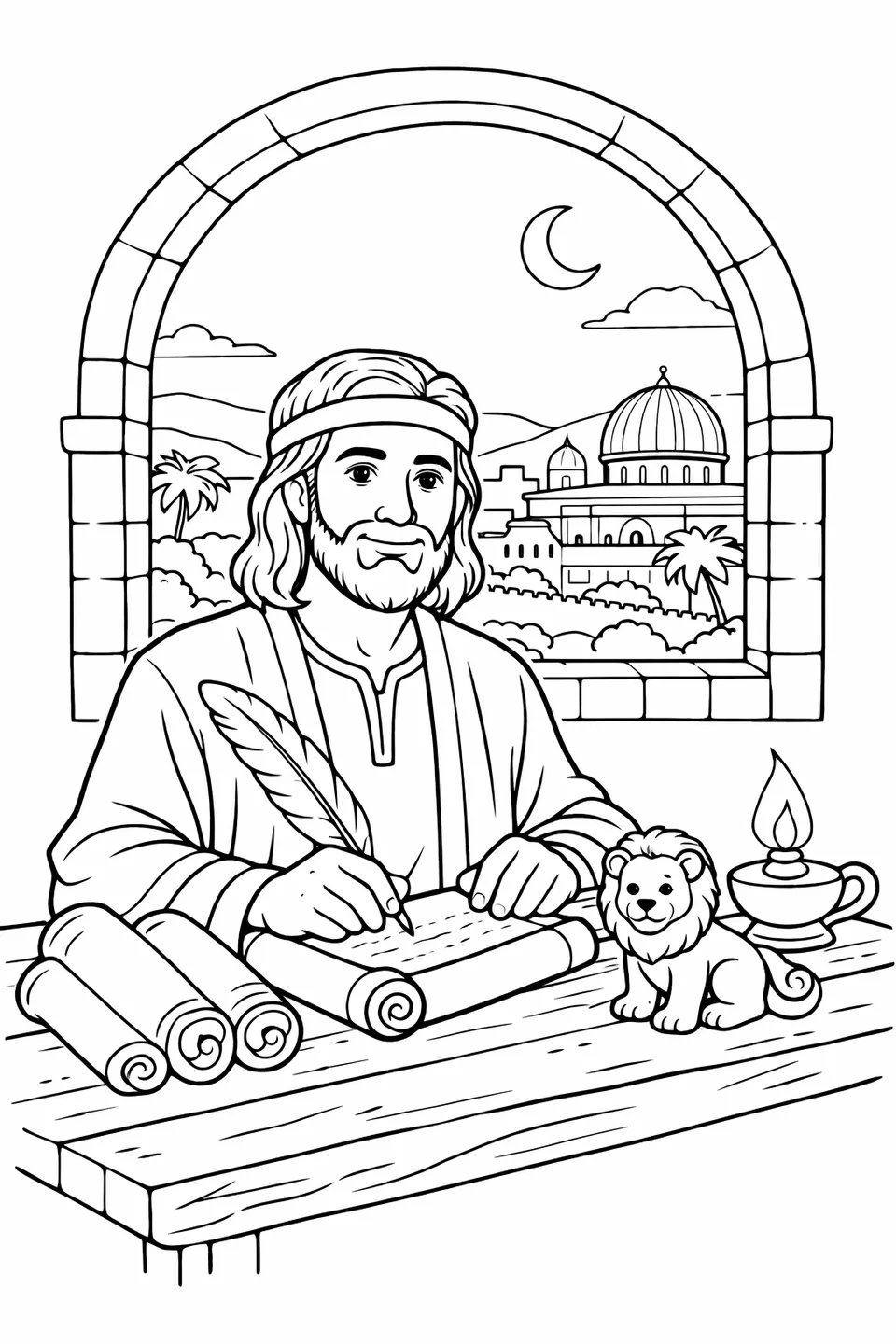 A man sitting at a wooden desk with scrolls and a quill pen with a city visible through the window and lamplight on the table