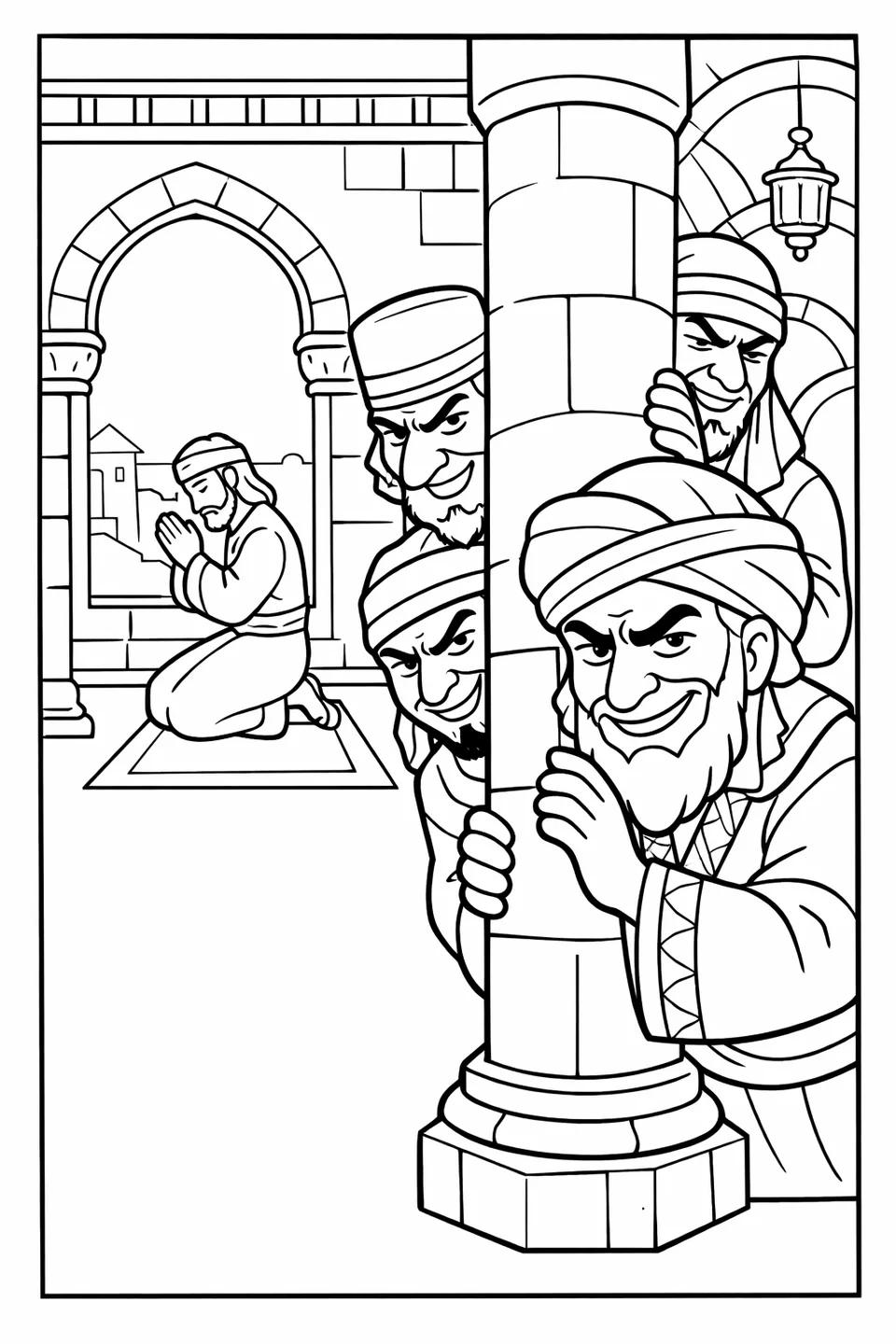 Robed men peering around a stone pillar watching a figure praying through an open window in a palace hallway