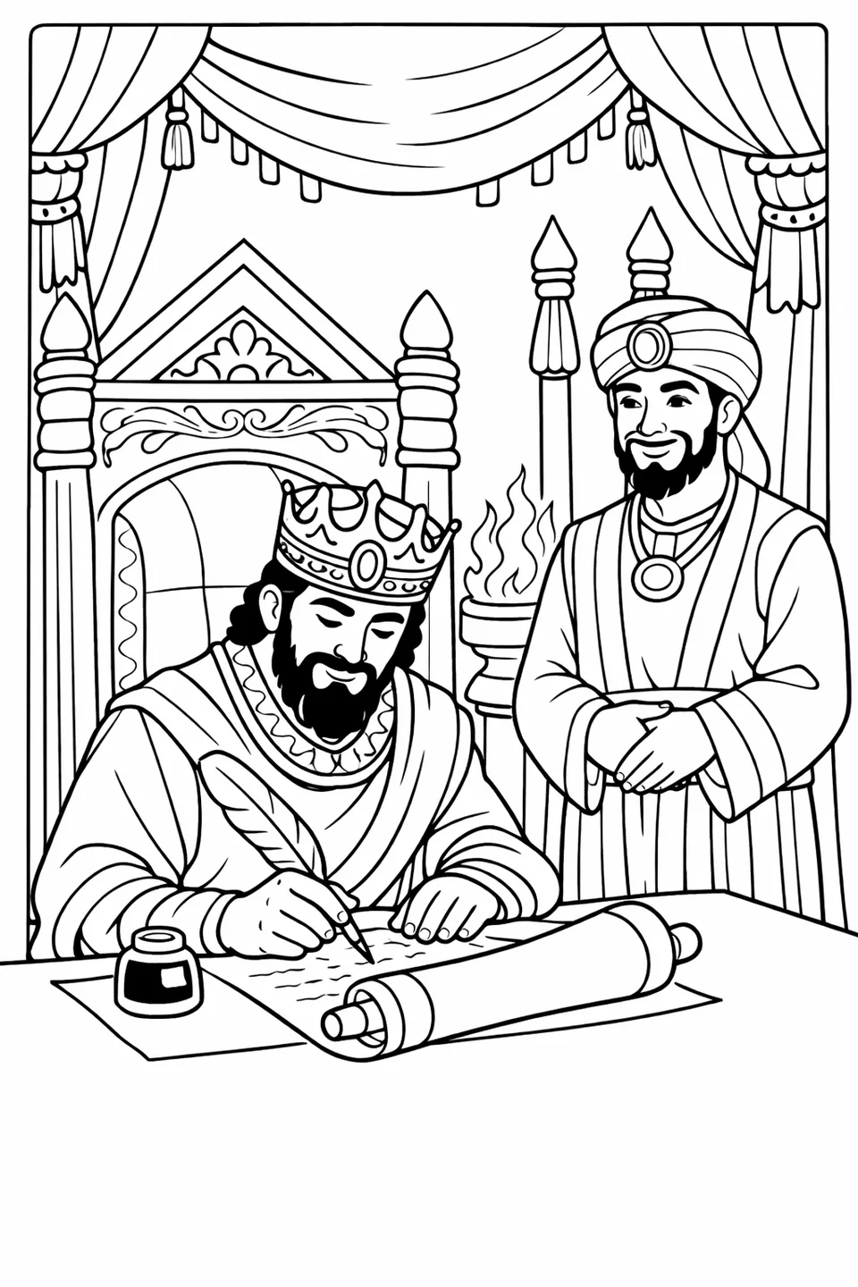 A king seated on a throne signing a scroll with a quill while an official stands beside him with a satisfied expression