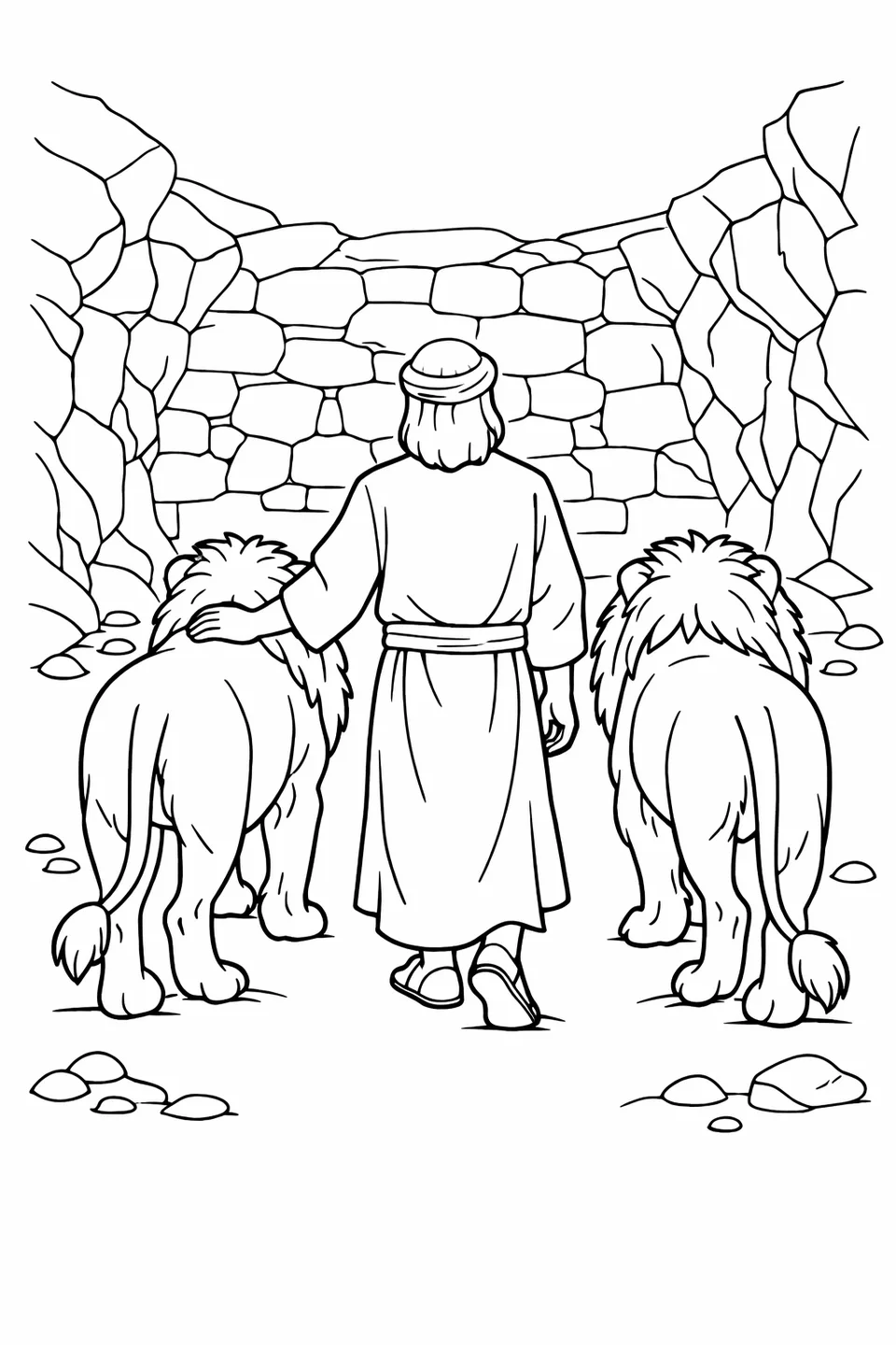 A man walking beside two lions inside a stone den with his hand resting on one lion's back and warm light on the walls