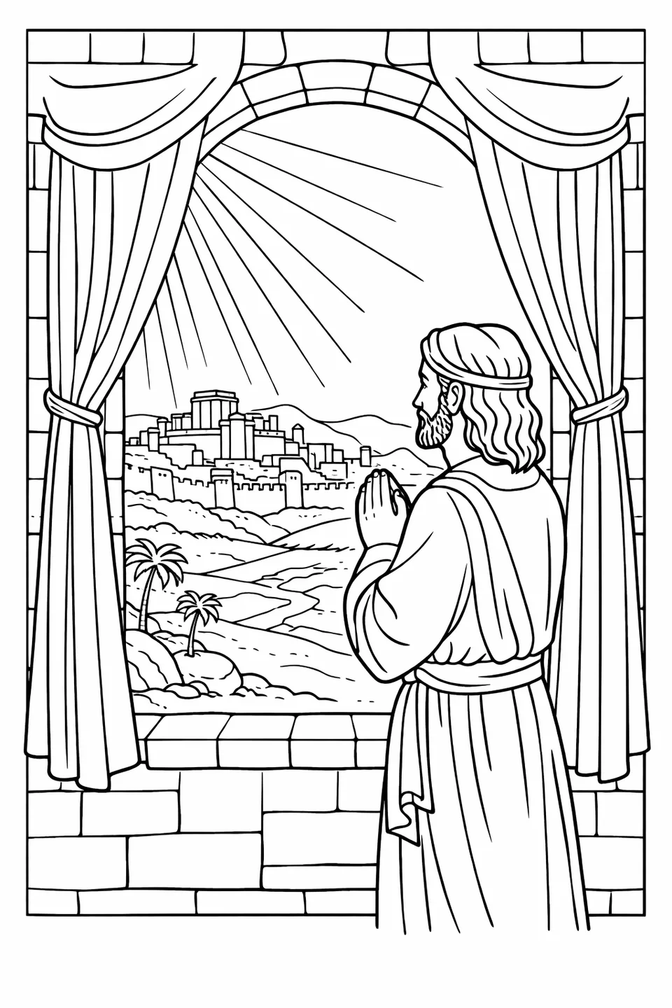 Man praying at an open window in a tall room with a distant city visible through the opening