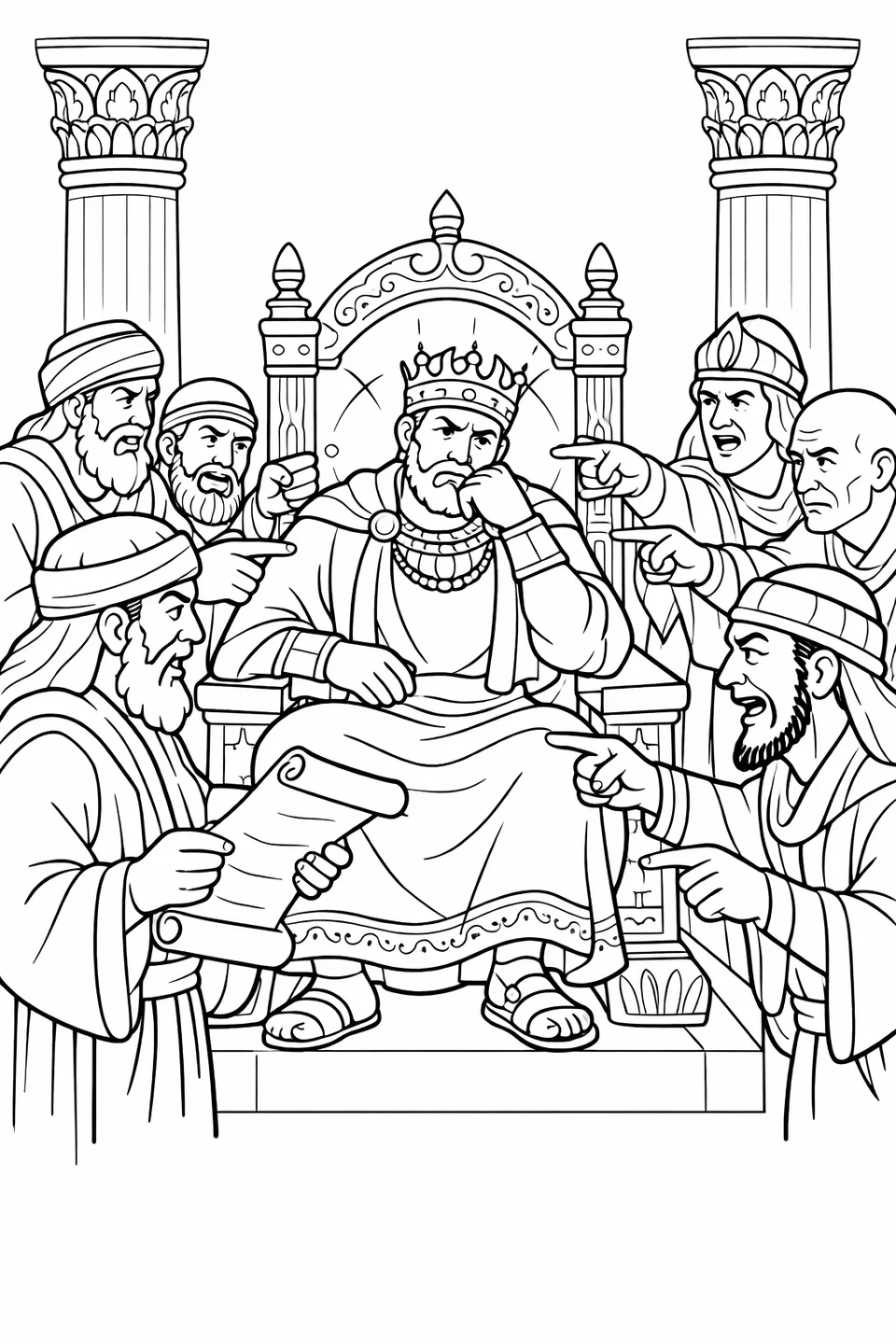 A group of officials gathered around a seated king on a throne, one holding an open scroll while others gesture