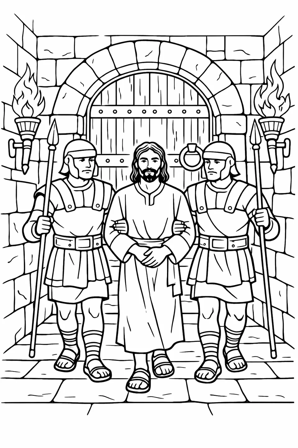 Two guards escorting a calm man through a torchlit stone corridor toward a heavy wooden door
