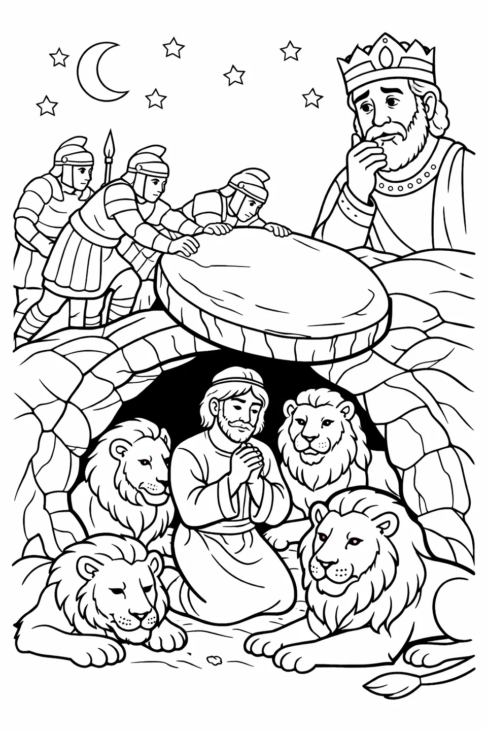 Soldiers pushing a large flat stone over a round pit opening while a king stands watching with a sad expression