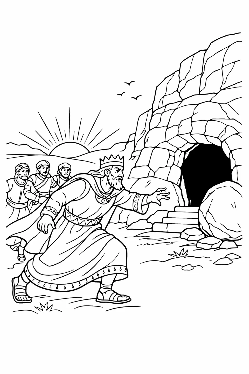 A king in robes running toward a stone entrance at sunrise with servants hurrying behind him
