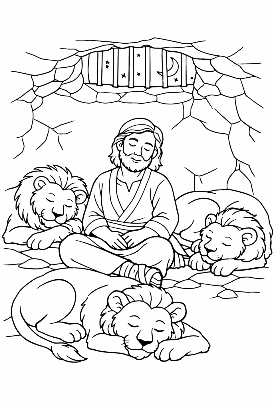 Man resting with eyes closed inside a stone den while three lions sleep around him and stars show through an opening above